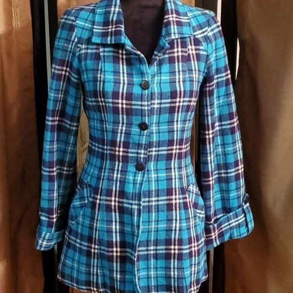 Nem Luxury Paris Jacket Womens Size 6 Pea Coat Plaid Turquoise Black - Picture 7 of 7